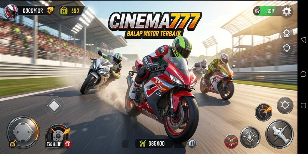 Tampilan gameplay seru dalam <strong>CINEMA777</strong> saat balapan motor di trek menantang.